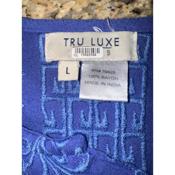 Tru Luxe Cobalt Blue Embroidered Boho Cottage Core Casual Tunic S/S Blouse Top S - Picture 6 of 10